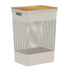 CESTO ROUPAS GRID COM TAMPA BAMBU 49L BEGE O.U